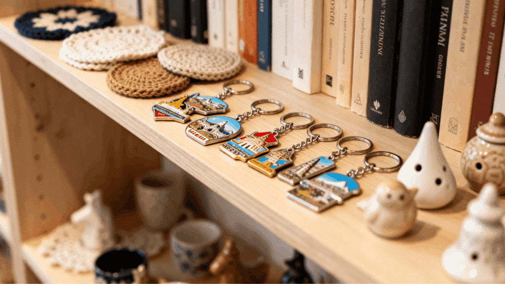 wooden shelf with books, travel keychains, crochet coasters, and small ceramic decor pieces arranged neatly in a cozy setup