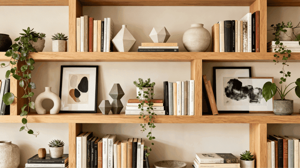 wooden shelves with books, framed art, plants, and ceramic decor pieces styled in a warm, minimal and organized display