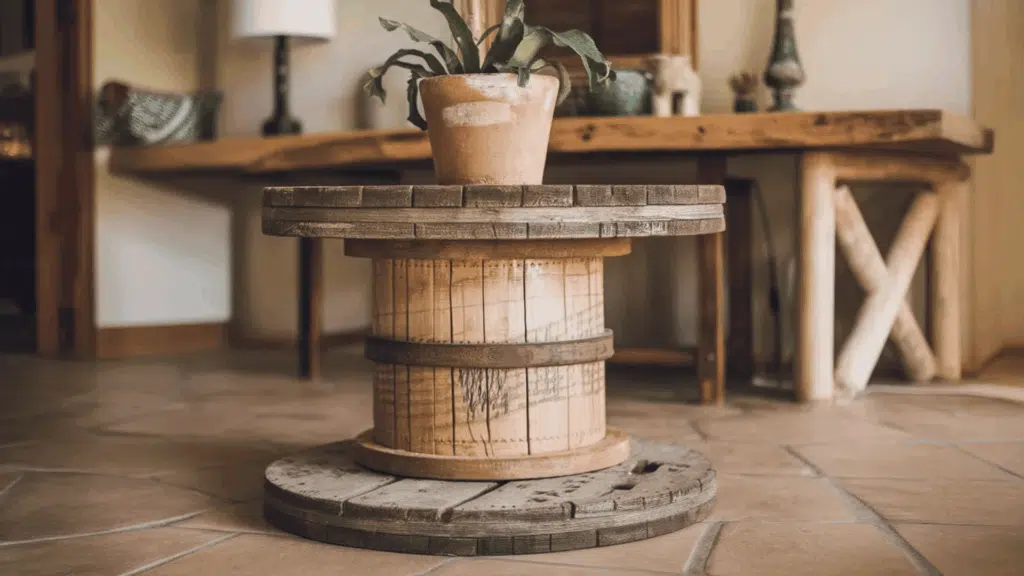 wooden spool turned into a rustic coffee table with a potted plant