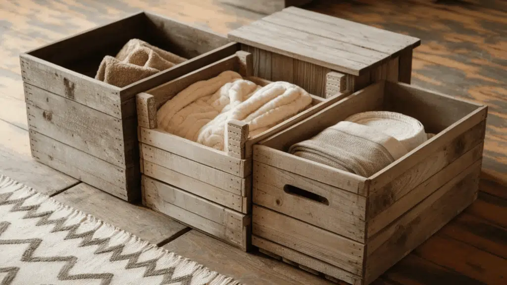 wooden storage crates filled with cozy blankets and placed on a rustic floor