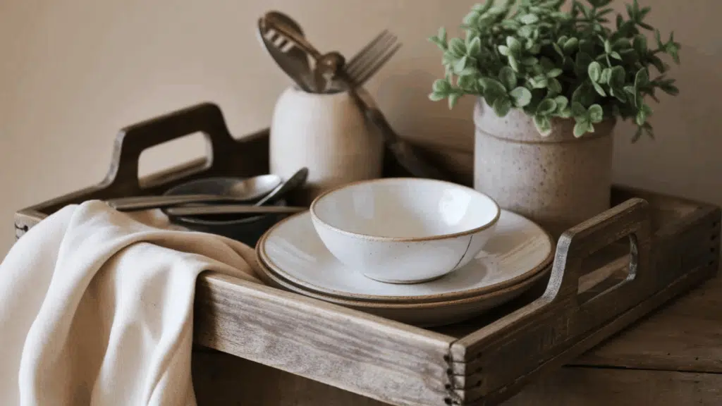 wooden tray with bowls, utensils, and a small potted pla