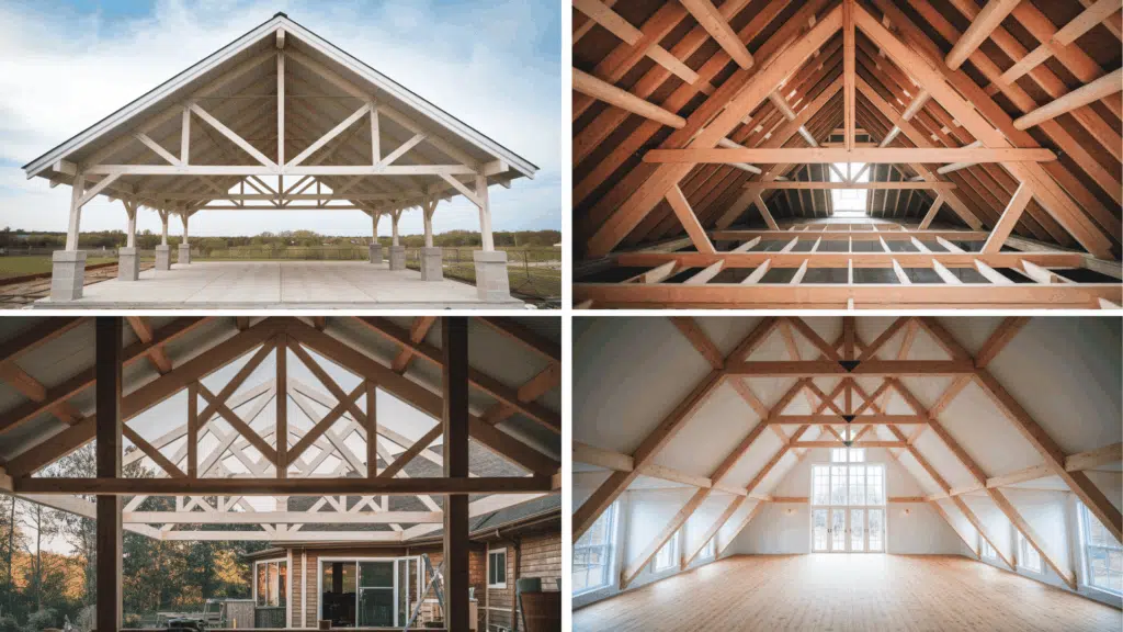 wooden trusses with an intersecting pattern in a construction environment