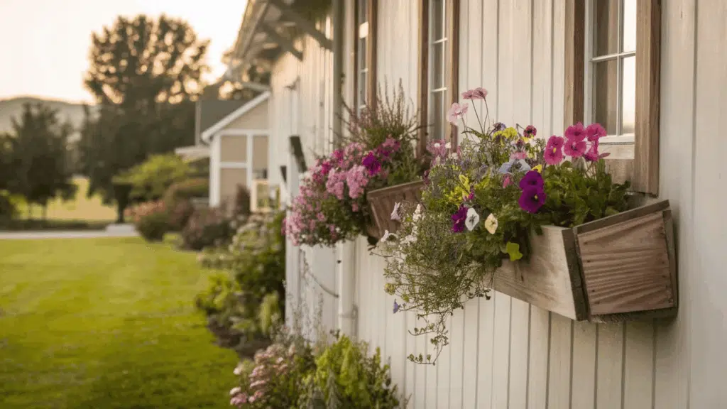 wooden window boxes with colorful flowers on a house wall at sunset