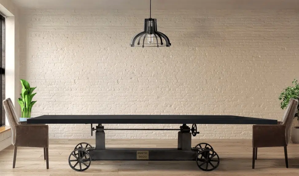 Industrial dining table on wheels.