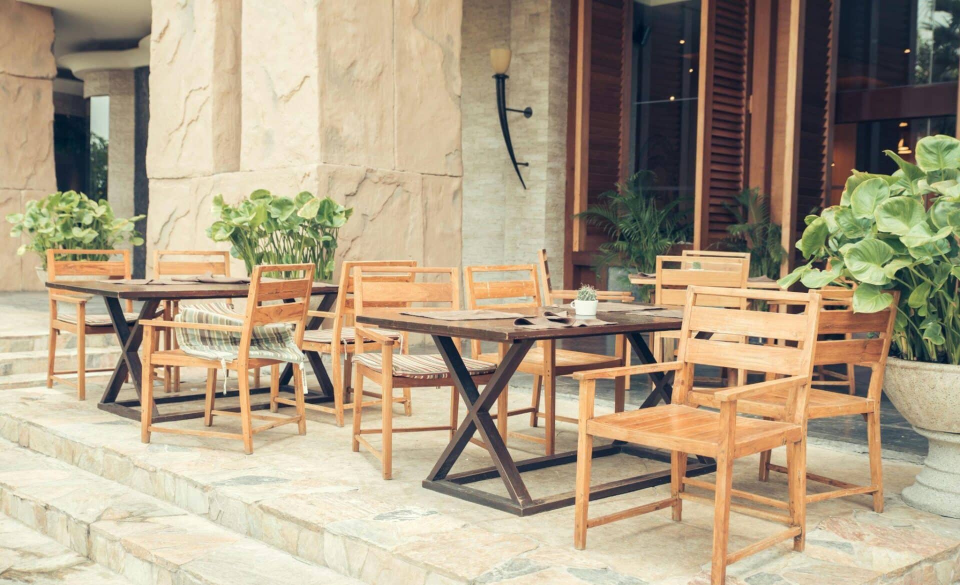 Outdoor communal patio dining area.