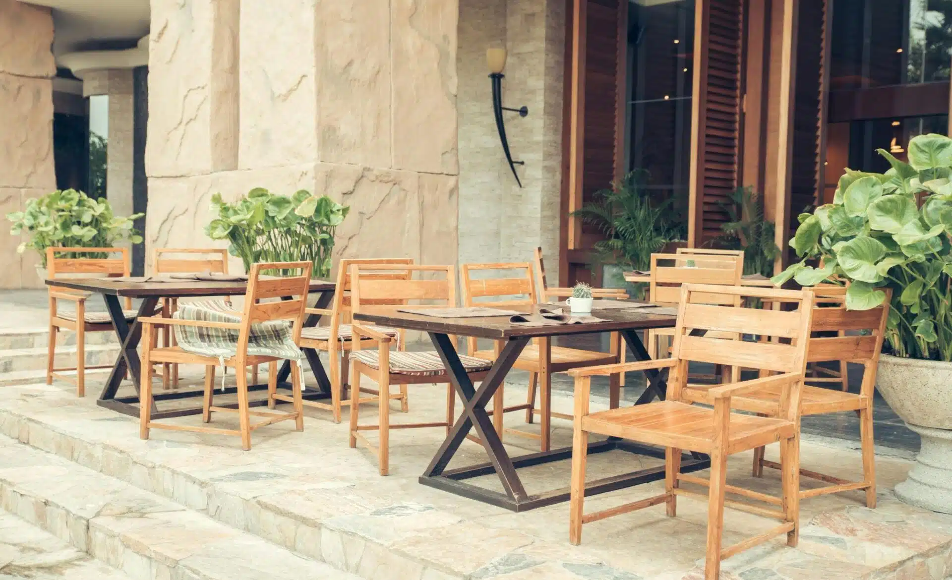Outdoor communal patio dining area.