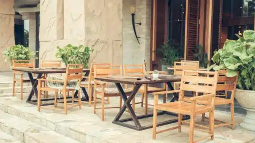 Outdoor communal patio dining area.