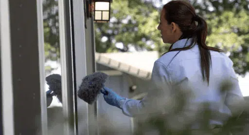 Woman checking the window sill.