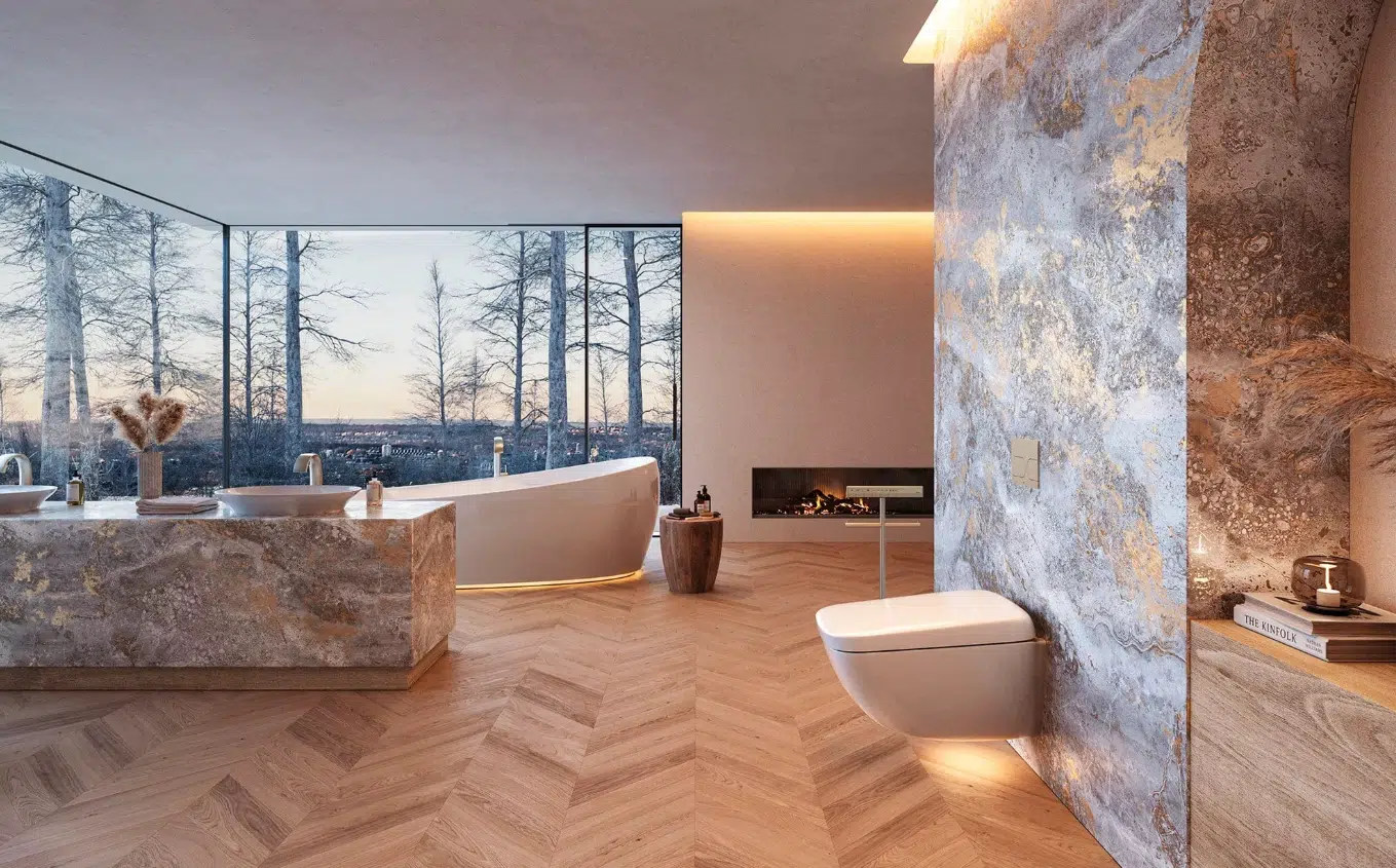 Luxury bathroom with scenic nature view.