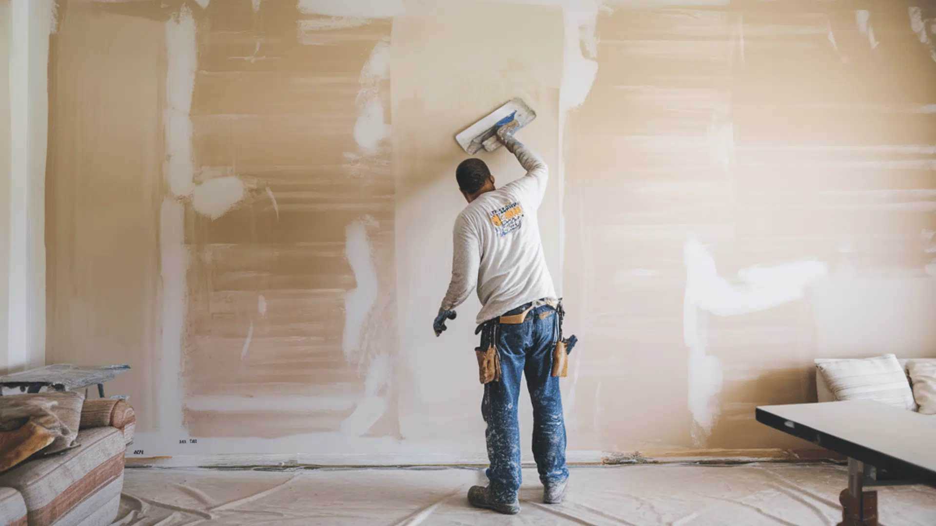 worker applies a smooth skim coat of joint compound to a textured wall with a wide-blade trowel in a room undergoing renovation
