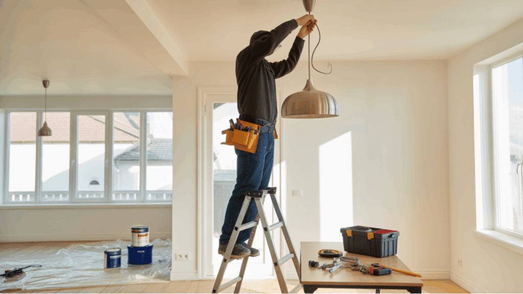 worker installing ceiling light fixture during indoor home maintenance.