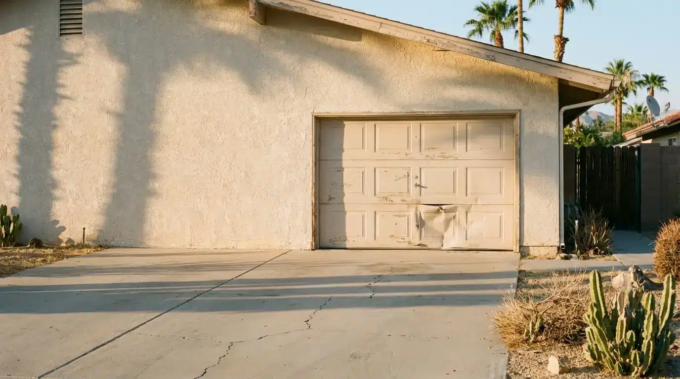 Weathered garage door in sunny desert setting with palm shadows and surrounding cacti