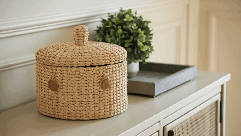 woven natural material decorative box with a fitted lid on an entryway table beside a small plant and a simple tray