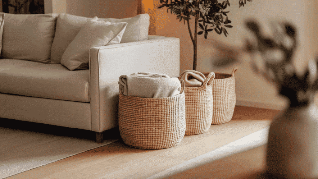 woven storage baskets beside sofa with blankets in a cozy living room