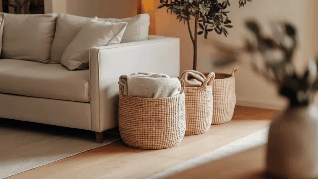 woven storage baskets beside sofa with blankets in a cozy living room