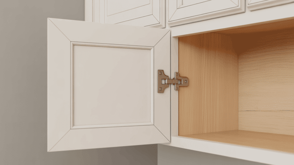 wrap around cabinet hinge on an open cream traditional cabinet door showing the hinge leaf wrapping around the face frame edge