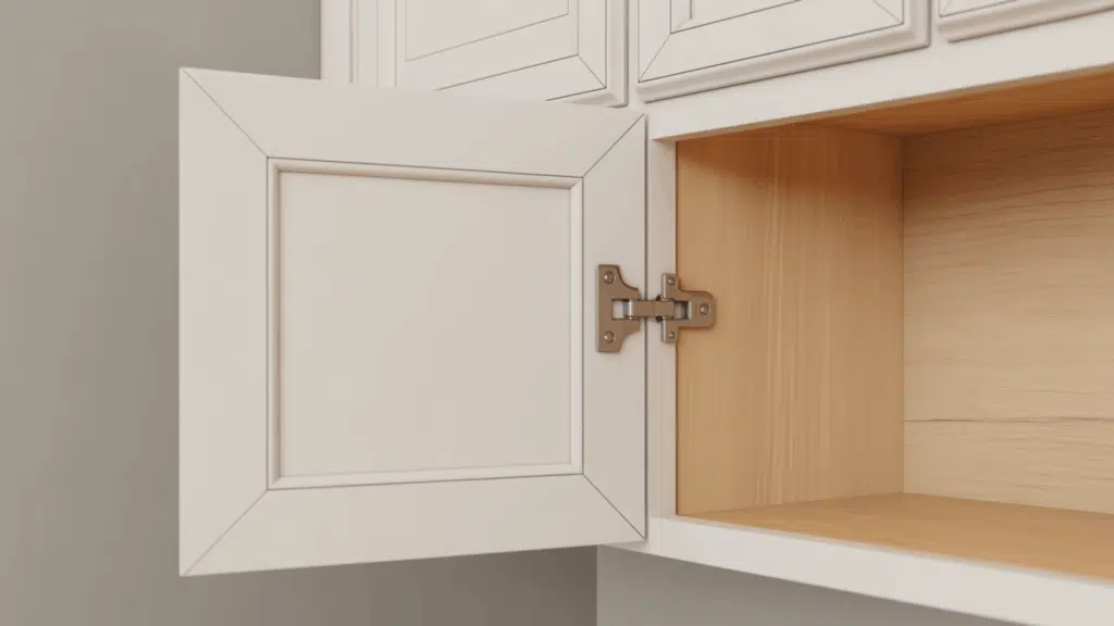 wrap around cabinet hinge on an open cream traditional cabinet door showing the hinge leaf wrapping around the face frame edge