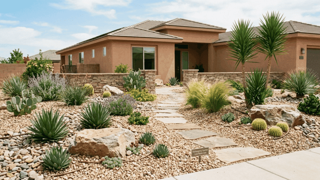 xeriscape front yard with desert plants, gravel, and stone path for minimal watering.