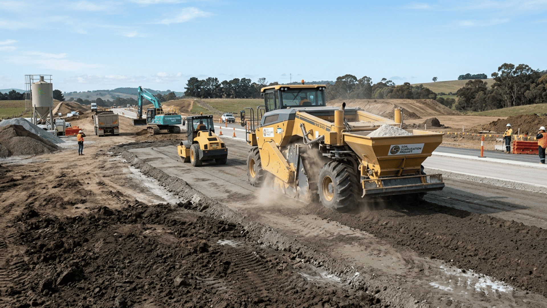 yellow soil reclaimer mixing lime into earth followed by a roller compactor on a highway construction site.