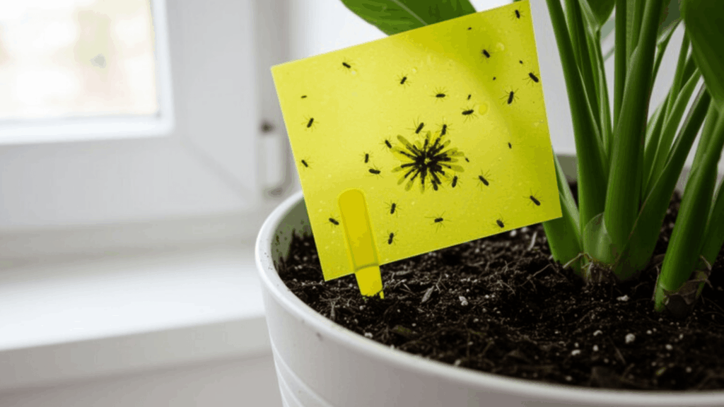 yellow sticky trap inserted into the soil of a green houseplant in a white pot, several tiny dark gnats caught on the surface, bright indoor natural lighting