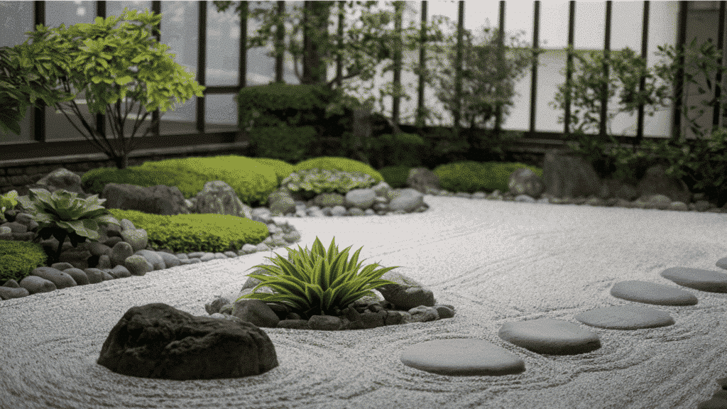 zen-inspired rock garden with raked gravel, stones, and minimalist plants in courtyard.