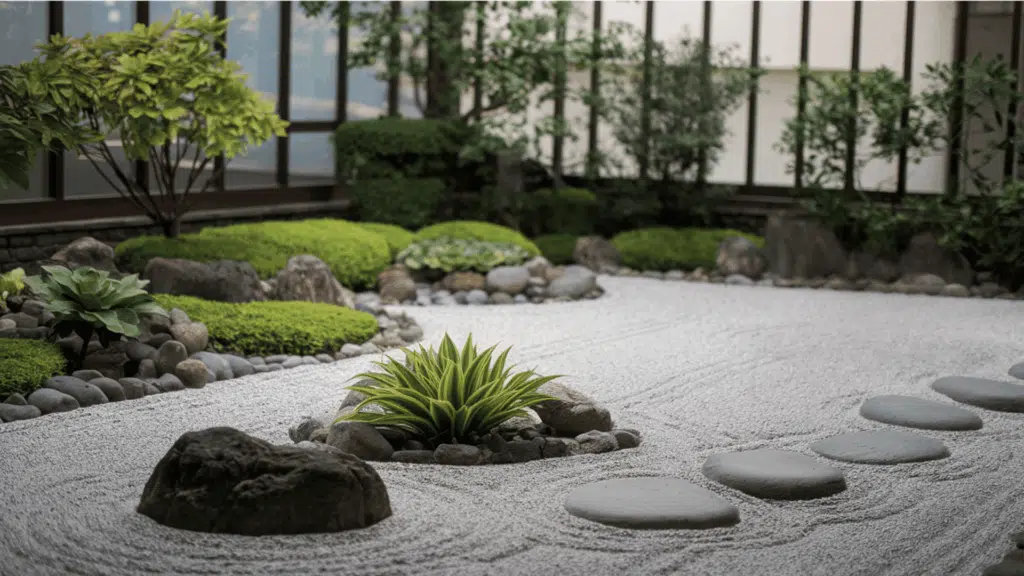 zen-inspired rock garden with raked gravel, stones, and minimalist plants in courtyard.