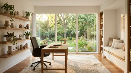 Modern home office with wooden desk, shelves with plants and pottery, large window overlooking garden