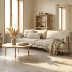 Beige living room with modern sofa and wooden coffee table in natural light