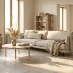 Beige living room with modern sofa and wooden coffee table in natural light