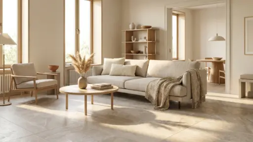 Beige living room with modern sofa and wooden coffee table in natural light