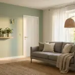 Modern living room with gray sofa, woven throw, indoor plants on shelf, and large window with sheer curtains