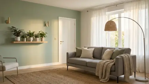 Modern living room with gray sofa, woven throw, indoor plants on shelf, and large window with sheer curtains