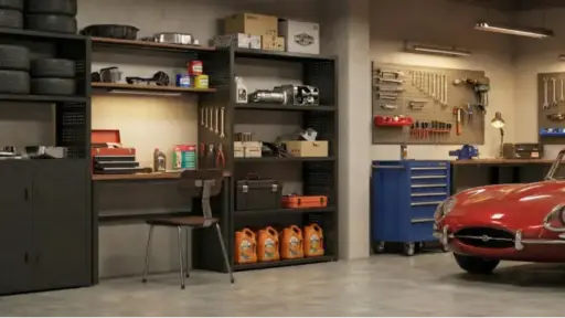 Red classic car parked in organized garage with shelving, tools, and equipment on walls