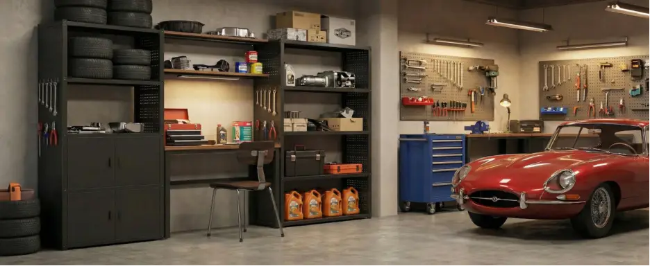 Red classic car parked in organized garage with shelving, tools, and equipment on walls