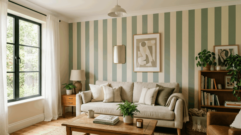 Alternating vertical stripes of sage green and cream in the living room behind the sofa