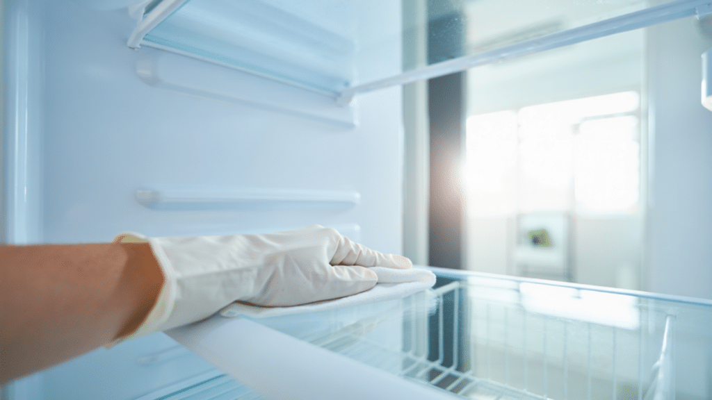 Cleaning empty refrigerator shelf with a cloth during kitchen deep cleaning