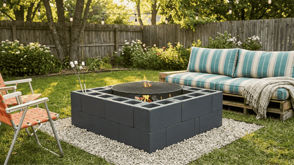 DIY cinder block fire pit backyard seating string lights casual garden setup