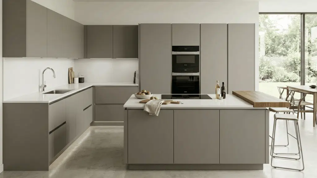 Handleless modular kitchen, flat panel cabinets, seamless design, modern minimal style, clean look