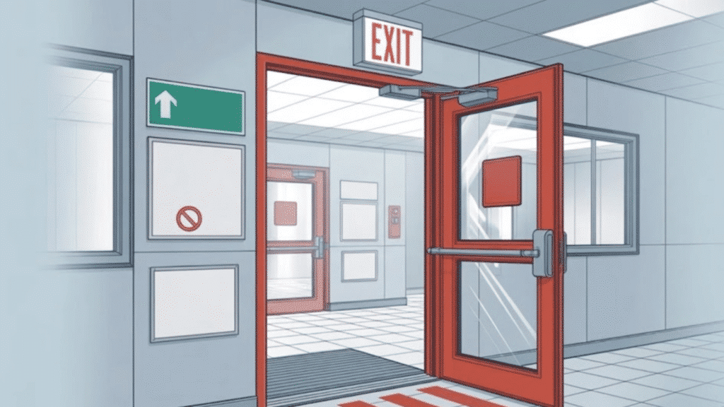 Illustration of a commercial building exit door with push bar, exit sign above, and safety instruction signs on the wall
