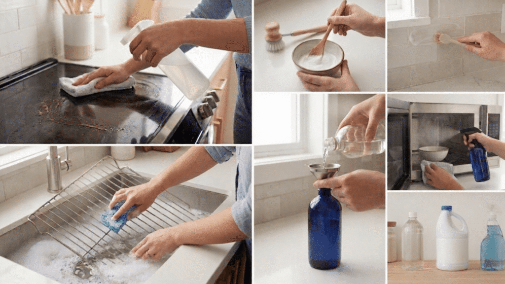 Kitchen deep cleaning steps showing stove scrubbing, sink cleaning, grout brushing, and natural cleaner preparation
