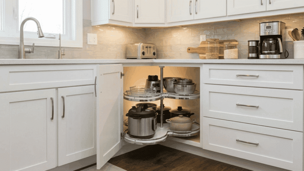 Modular kitchen corner carousel storage, rotating shelves, smart space utilization, modern cabinets