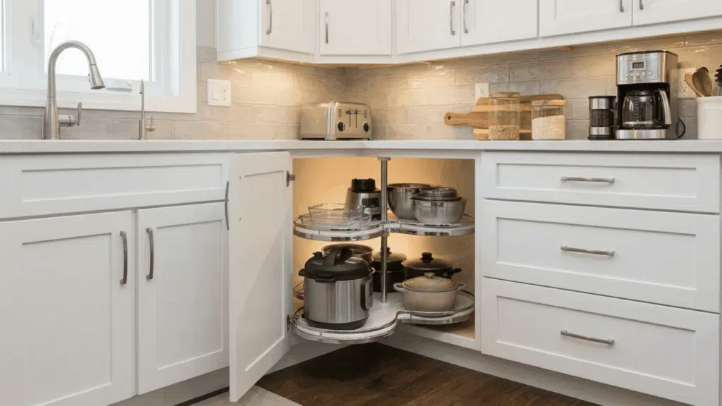 Modular kitchen corner carousel storage, rotating shelves, smart space utilization, modern cabinets