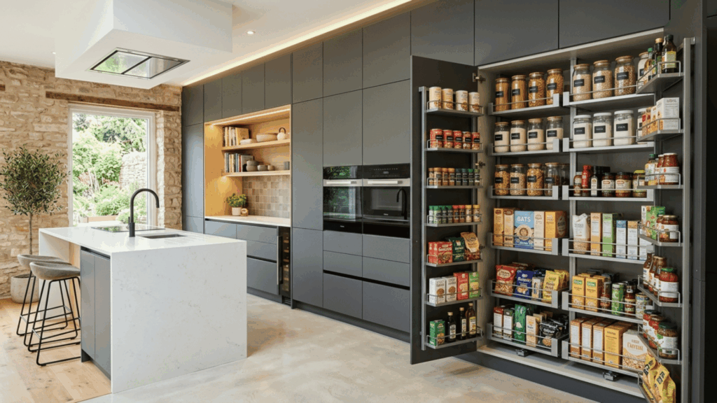 Modular kitchen with tall pantry unit, floor-to-ceiling storage, organized groceries, modern interior