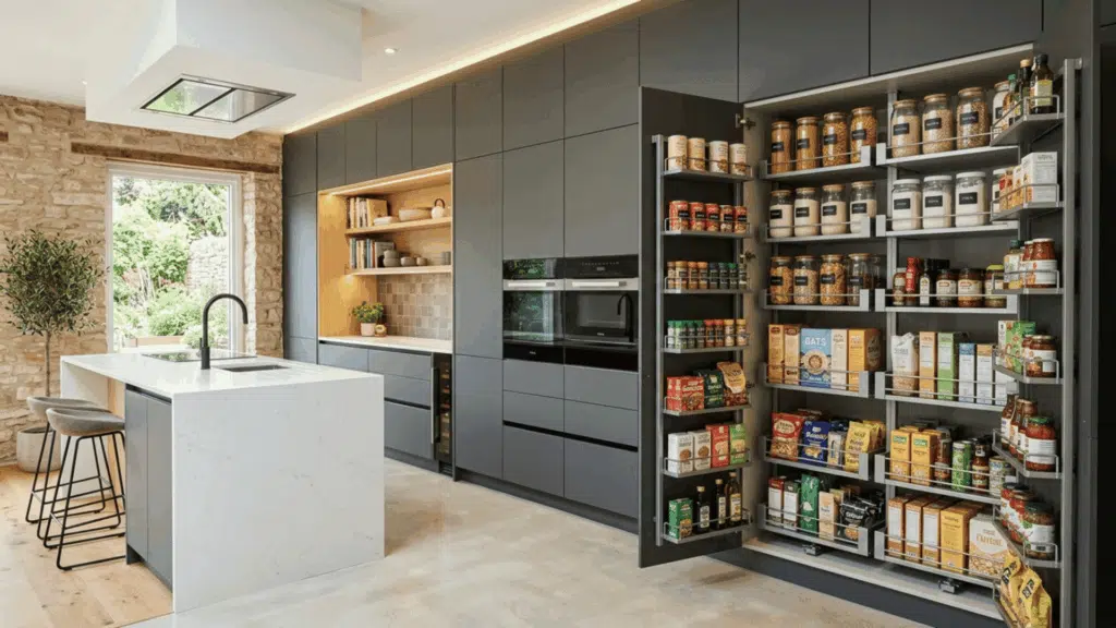 Modular kitchen with tall pantry unit, floor-to-ceiling storage, organized groceries, modern interior