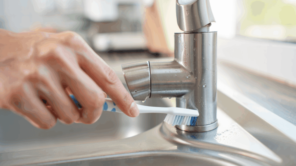 Scrubbing kitchen faucet with a toothbrush to remove buildup and grime during deep cleaning
