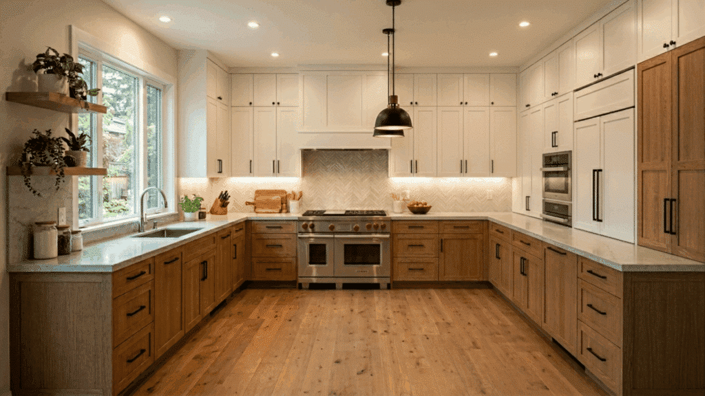 Spacious U-shaped modular kitchen design, three-wall layout, ample storage, modern appliances, warm lighting, beautiful kitchens, high detail