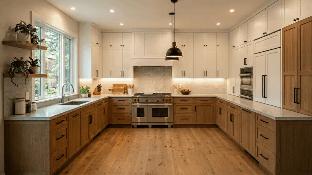 Spacious U-shaped modular kitchen design, three-wall layout, ample storage, modern appliances, warm lighting, beautiful kitchens, high detail