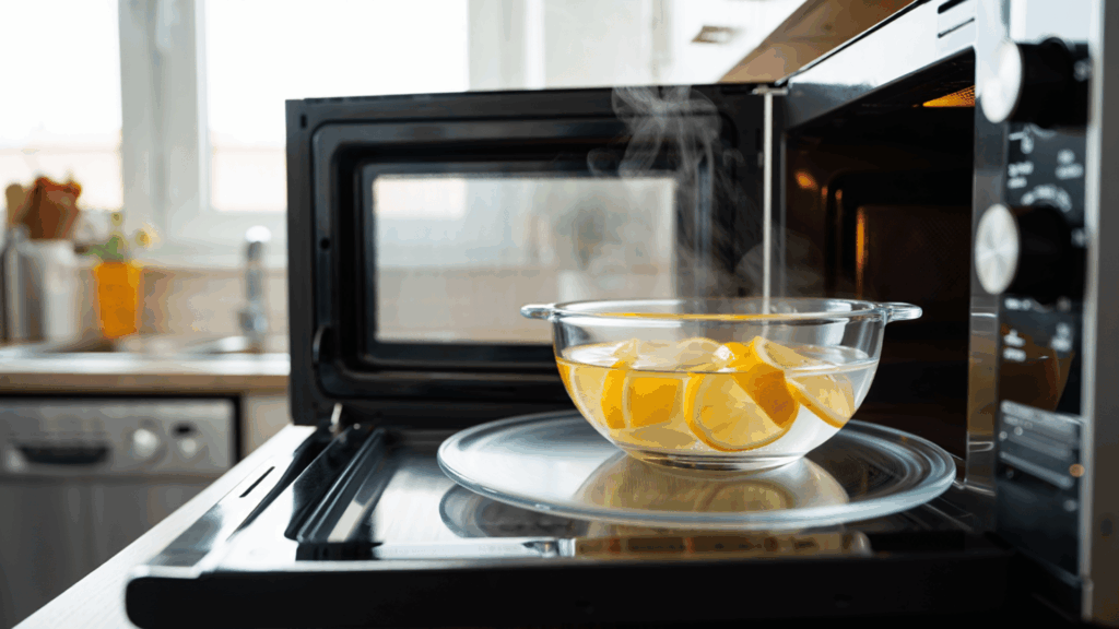 Steam cleaning microwave with lemon water bowl to remove stains and odors