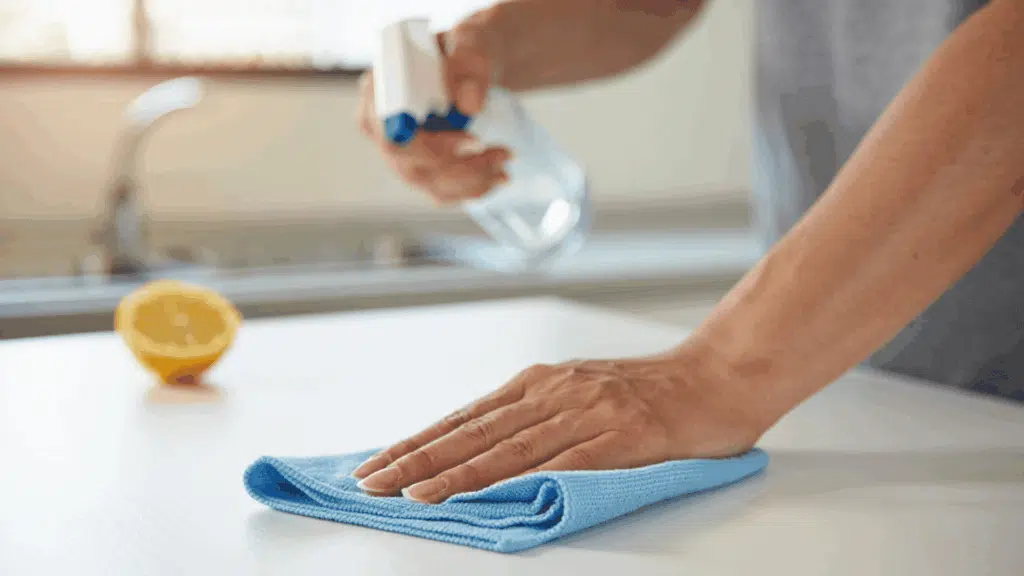 Wiping kitchen countertop with a cloth and cleaning spray during deep cleaning