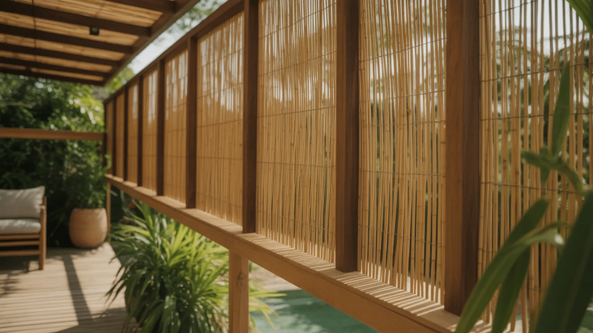 a bamboo privacy screen providing a natural and peaceful barrier, complementing the lush greenery of the space.